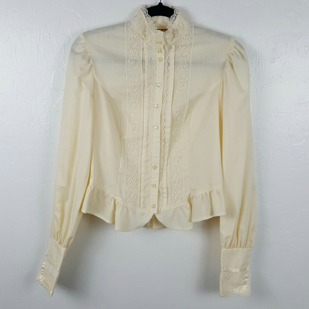 Jessica's Gunnies Vintage button up top blouse lace Y2K cream long sleeve size 9
